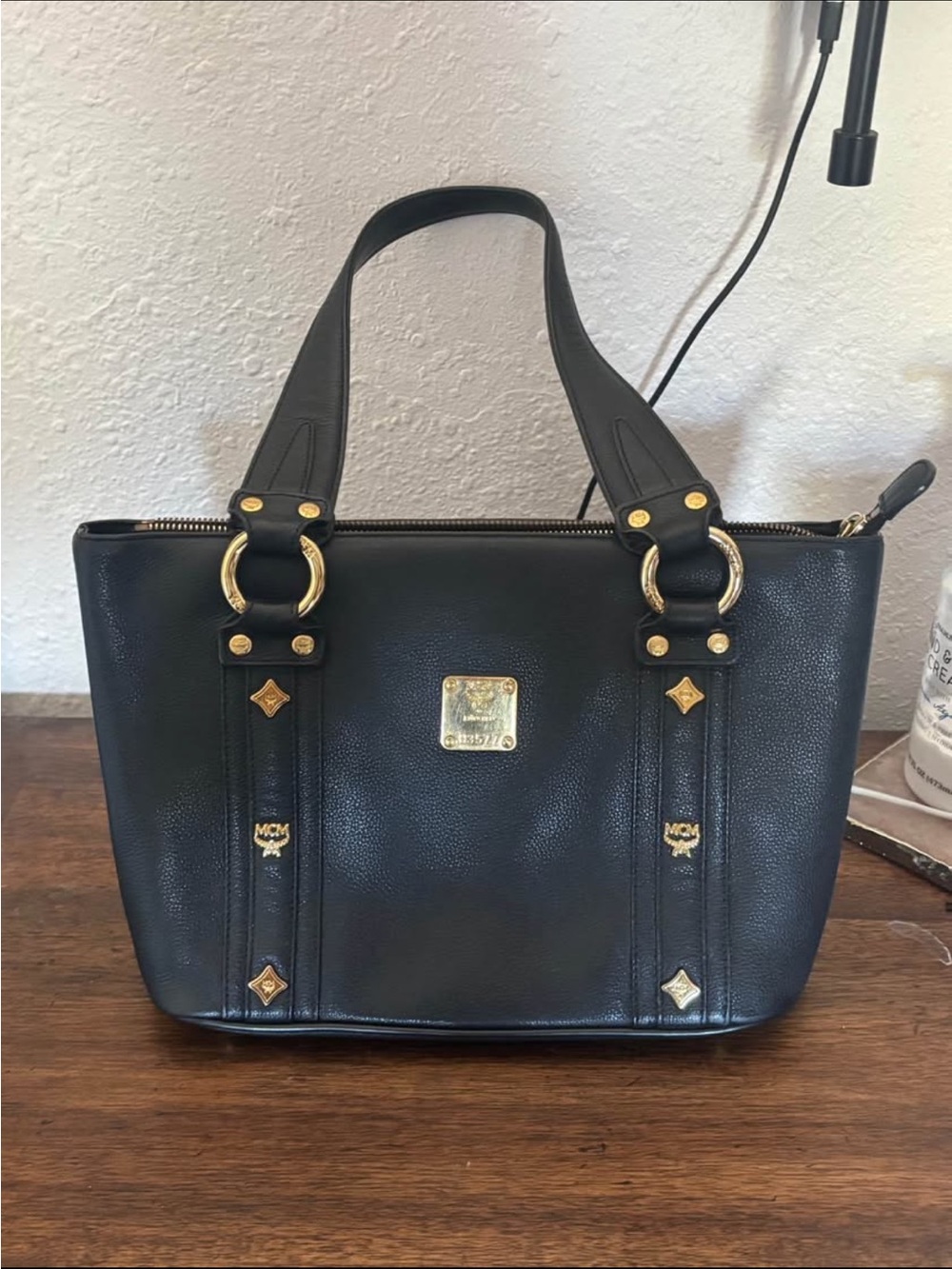 MCM Black Leather Tote with Gold Hardware Accents